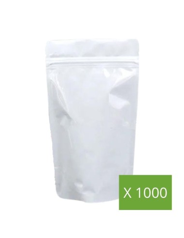 Lot 1000 unités - Sachet Blanc Brillant 100gr - Doypack Medium - Grossiste-Thé.com - Emballage